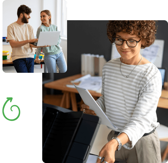 Dwie osoby korzystająca z laptopa, w prawym dolnym rogu kobieta skanująca dokumenty