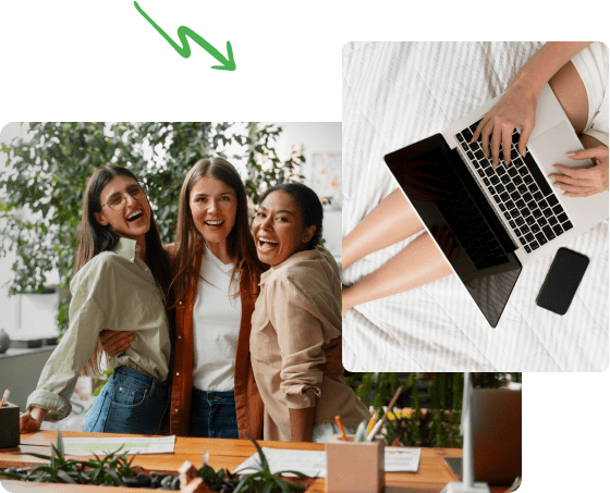 Uśmiechnięte trzy koleżanki w pracy, w górnym tle laptop na nogach wraz z telefonem