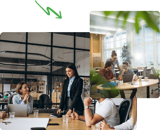 Dwa zdjęcia ze spotkań firmowych, są na nim ludzie przy biurkach