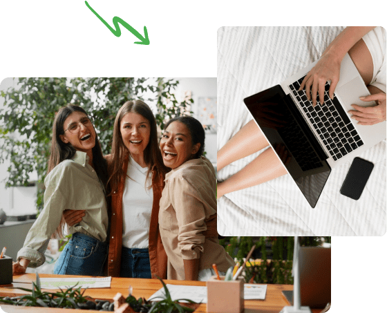 Dwa zdjęcia, na jednym trzy kobiety w biurze, na drugim kobieta z laptopem i telefonem