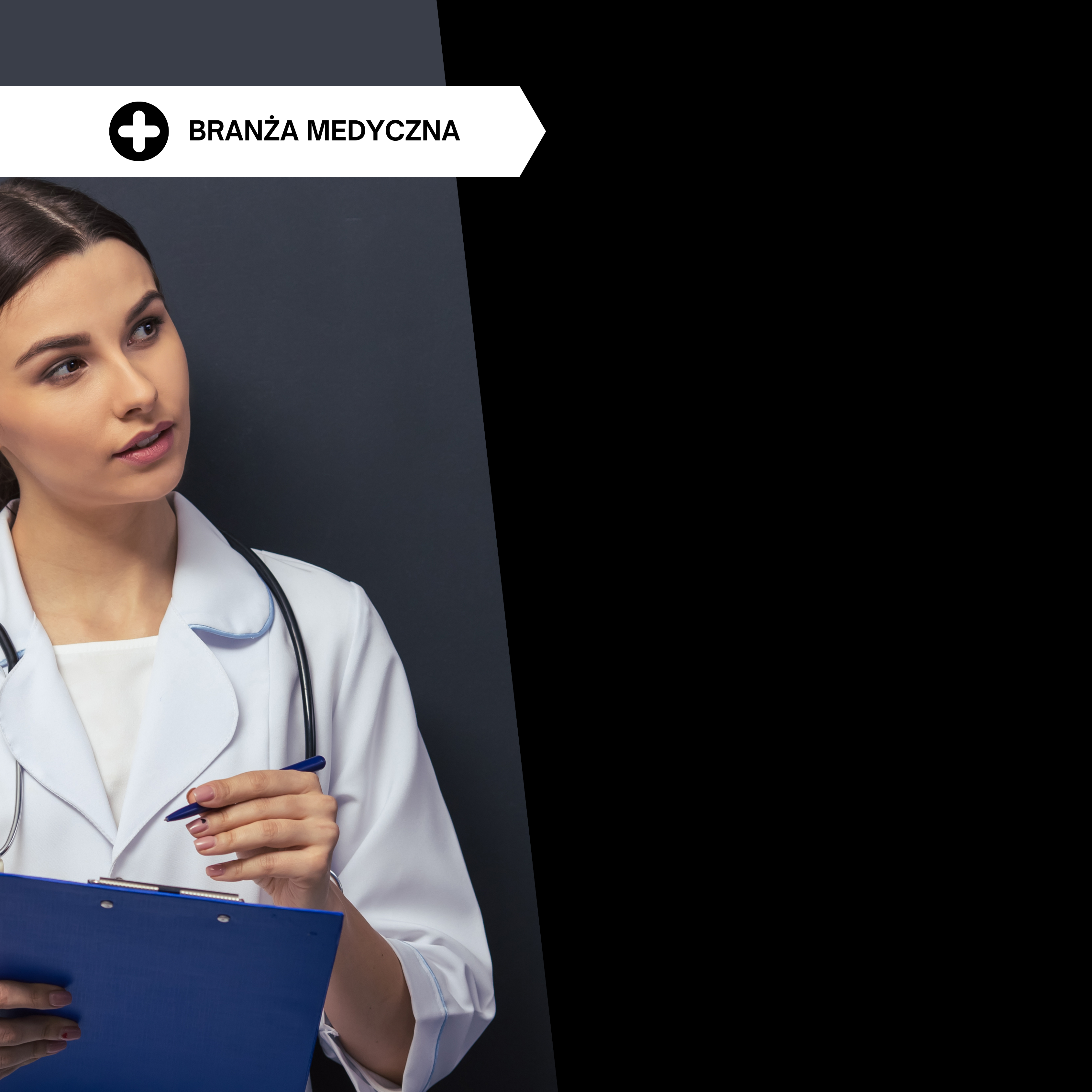 Zaciekawiona pielęgniarka z napisem branża medyczna