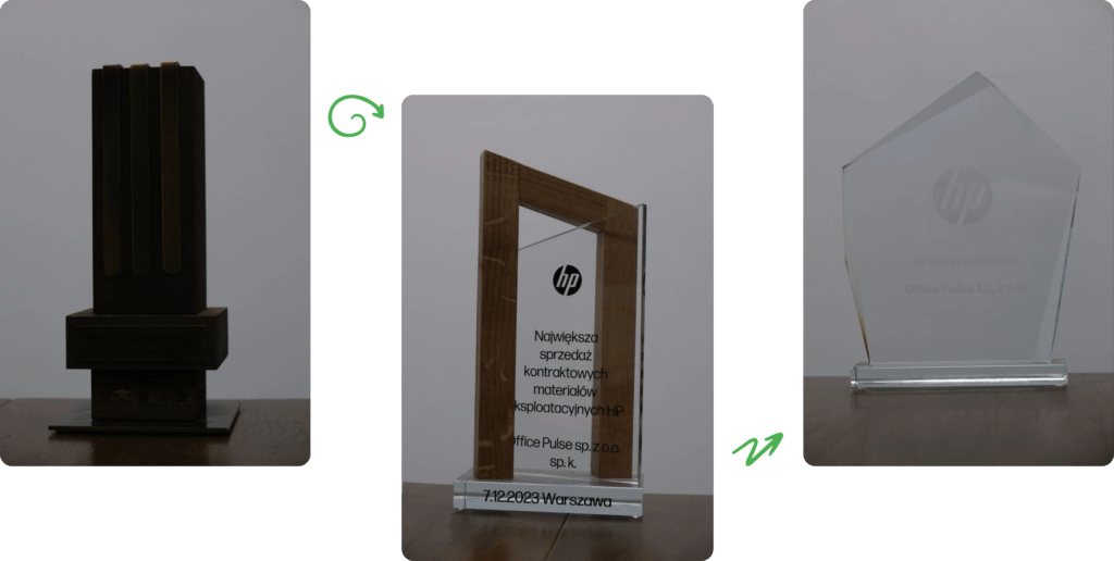 Trzy zdjęcia statuetek wręczonych przez HP dla Office Pulse, za największe sprzedaże